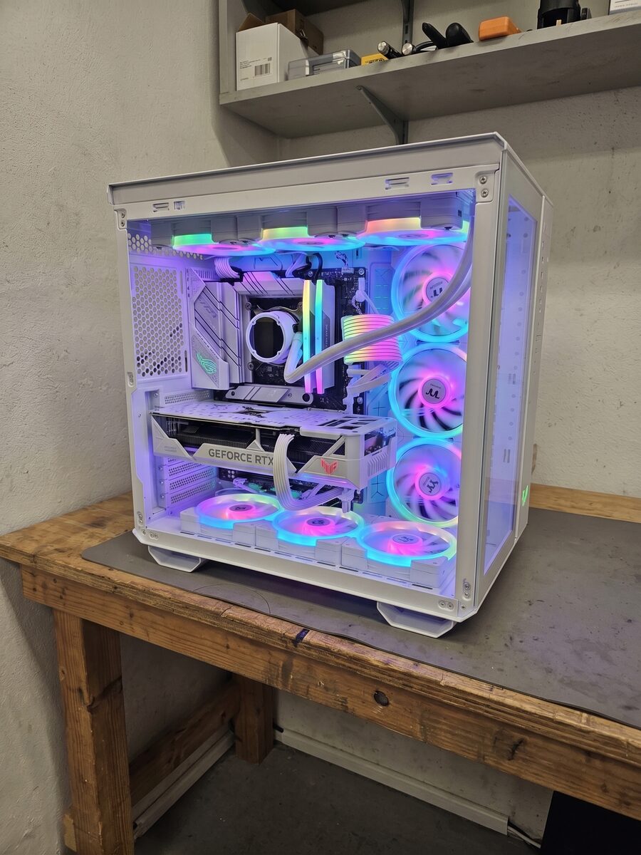 White ITX build with RGB fans and GeForce RTX GPU
