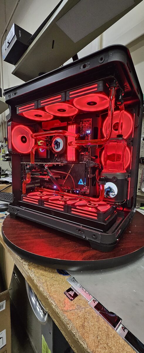 Black build with red hardline liquid cooling loop