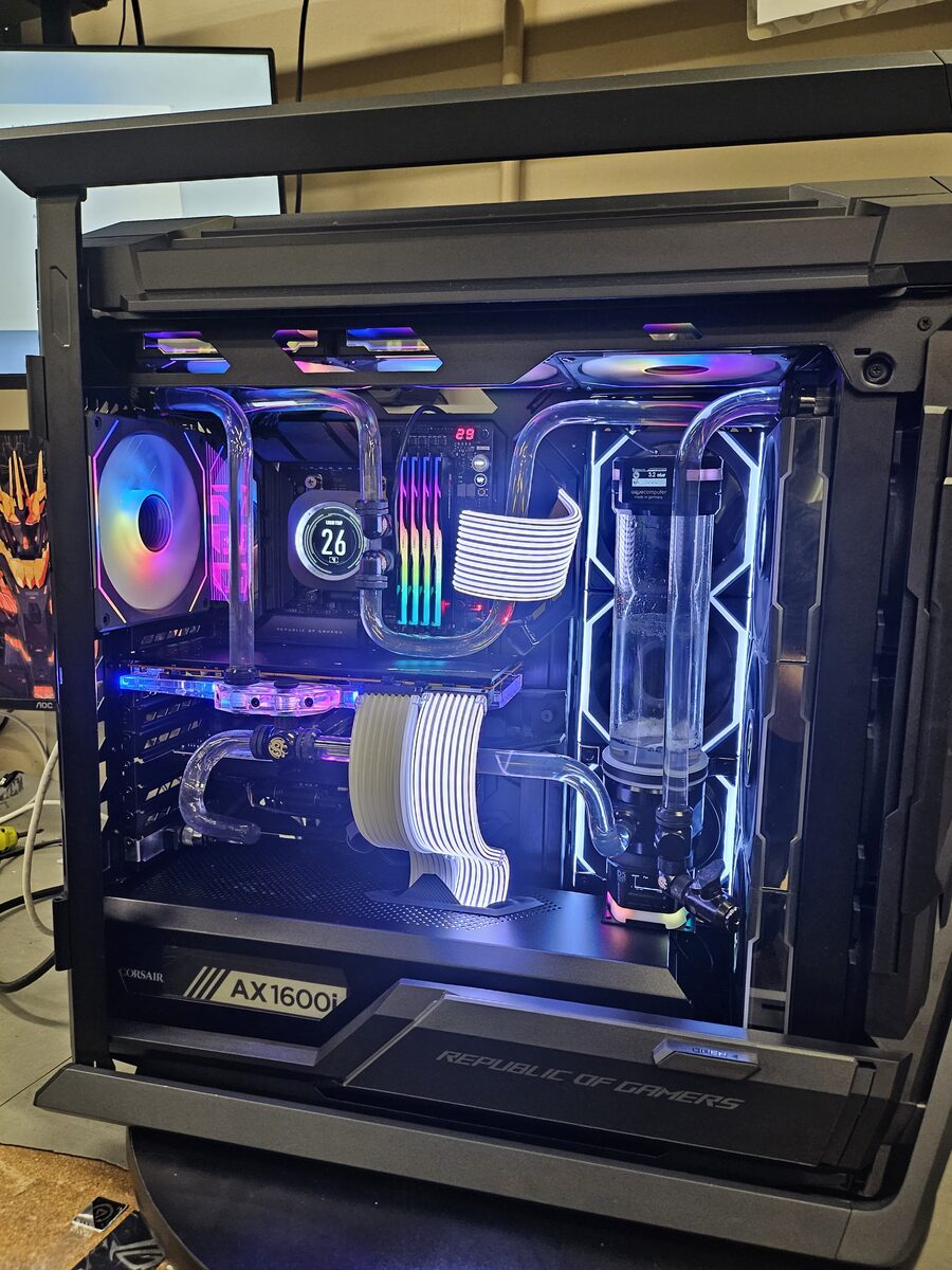 ASUS ROG build with white hardline tubing and Corsair AX1600i