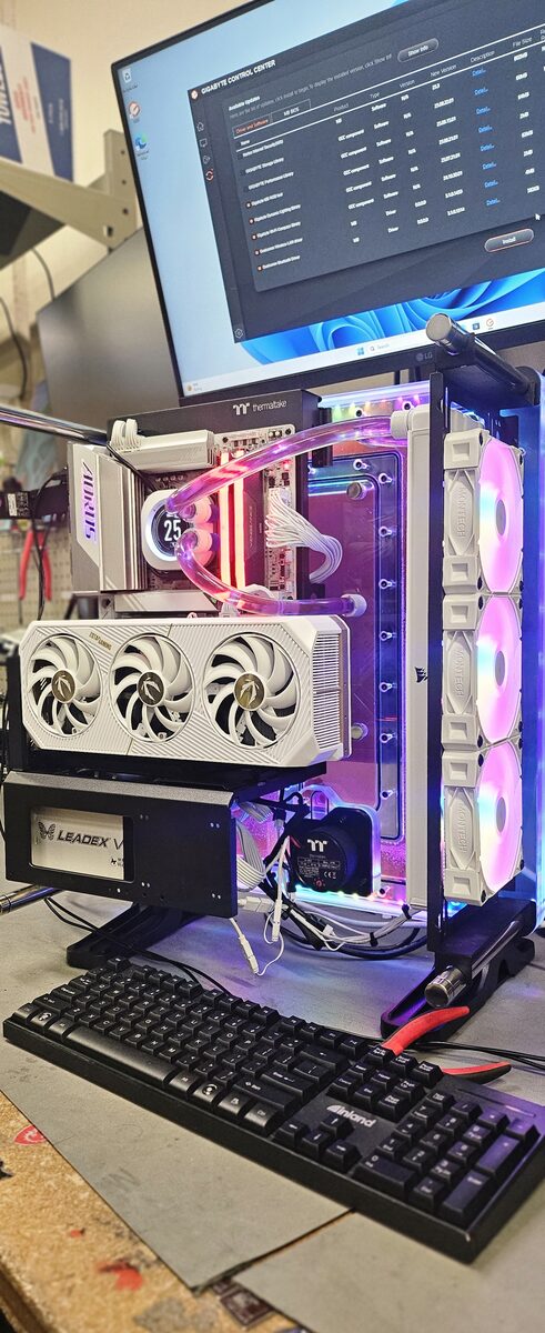 White Zotac build with pink RGB fans and hardline tubing